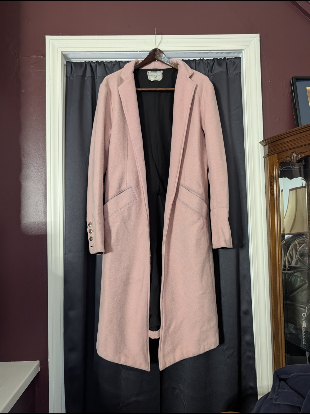 GREG LAUREN FW22 Pink Wool Top Coat Tailored Open Front Metal Button Overcoat 3